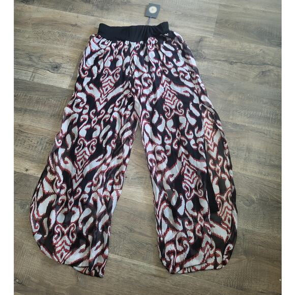 M Made in Italy Red Black Lightweight Layered Boho Pants L NEW Silk blend - Picture 1 of 11